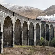 Train on viaduct with smoke