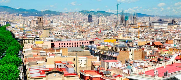 Colourful city buildings in the sunlight