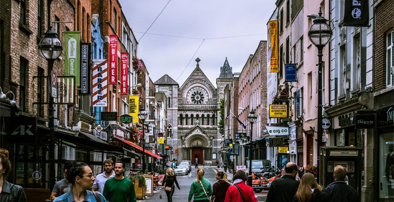 A busy city street in Dublin, Ireland