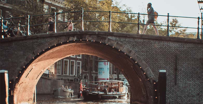 People walking over a bridge in Amsterdam