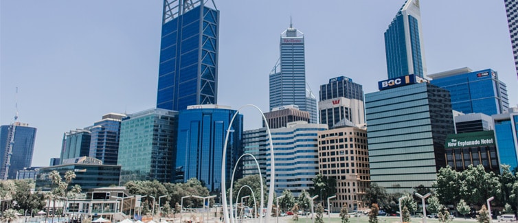 A skyline of modern high-rise buildings in Perth, Australia