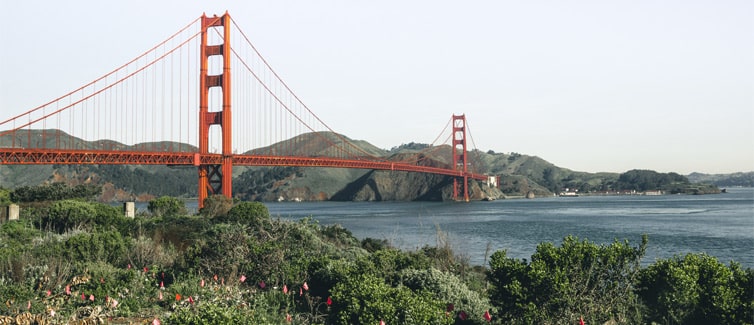 Picture of a long and tall red suspension bridge spanning a body of water