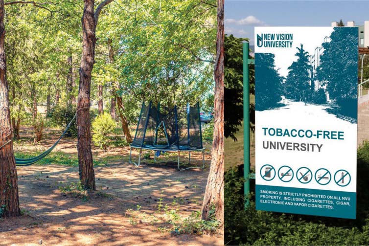 Image of some trees with hammocks in them and a trampoline, alongside a large sign that has the words 'tobacco free university' written on it
