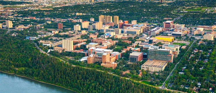 Image of a the University of Alberta campus with a city in the background