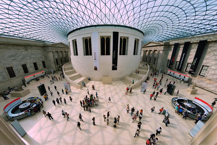 Bird's eye view of British Museum with people walking around