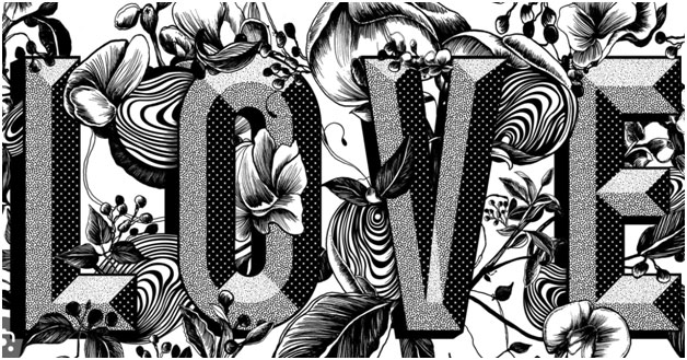 Image of text that reads 'LOVE' in black with flowers and leaves illustrated around the letters