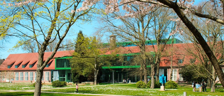 Image of a brick building with green accents on it, with pink blossom trees in the foreground and a bright blue sky in the background