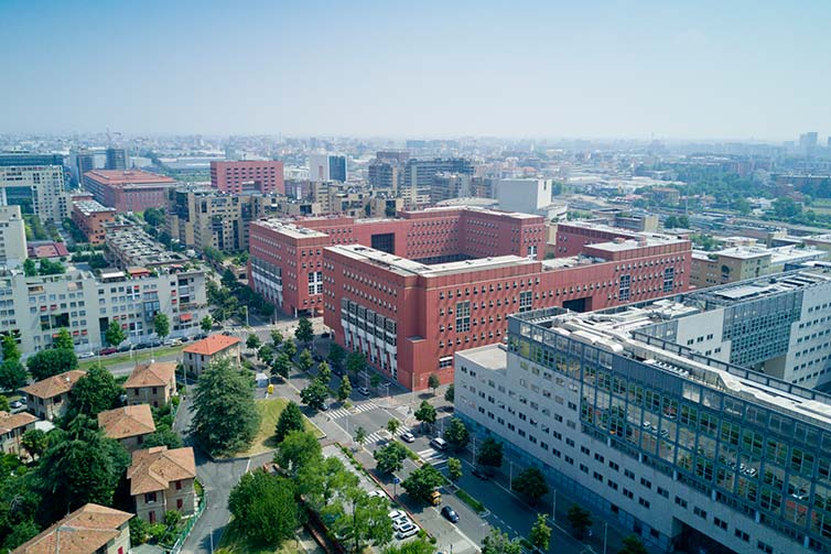 Aerial view of a red brick university campus building