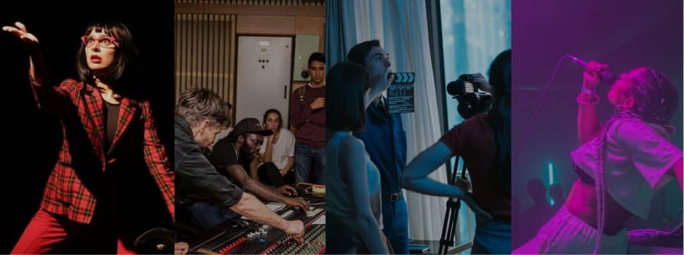 4 images spliced together to create one image showing people participating in creative pursuits such as singing, performing, directing and music production